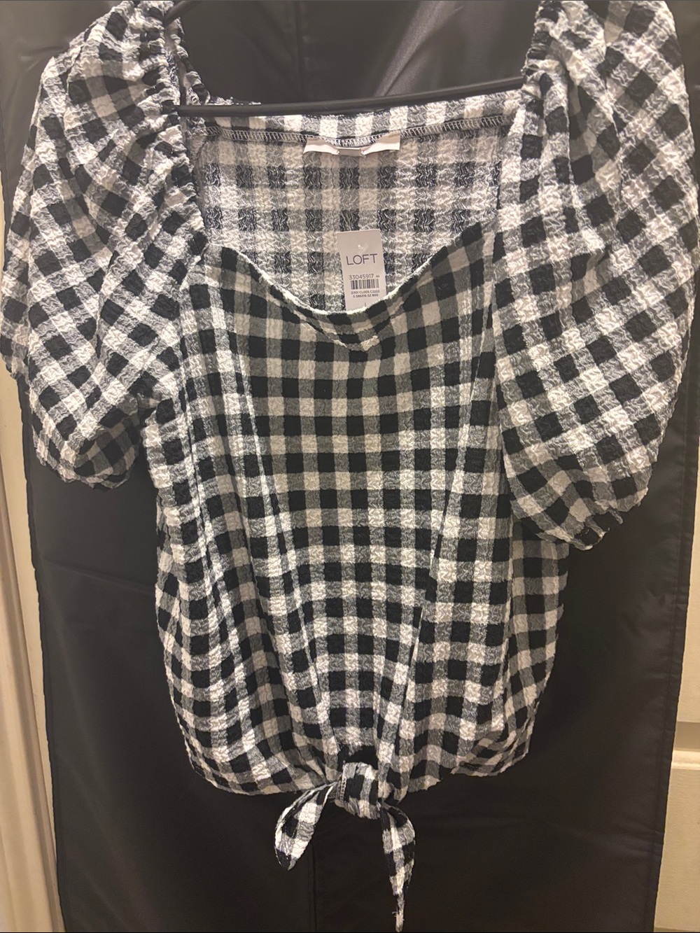 LOFT Black & White Gingham Tie-Hem Puff Sleeve Top